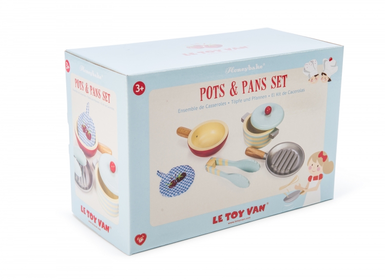 Le Toy Van - Educational Wooden Pretend Kitchen Honeybake Pots and Pans  Cooking Set Play Toy | Kids Role Play Toy Kitchen Accessories (TV301)